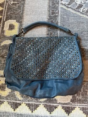 Italian Studded Blue Leather Shoulder Messenger Bag NWT